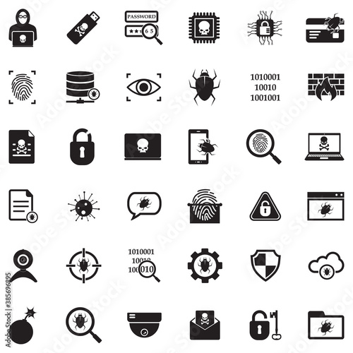 Hacker Icons. Black Flat Design. Vector Illustration.