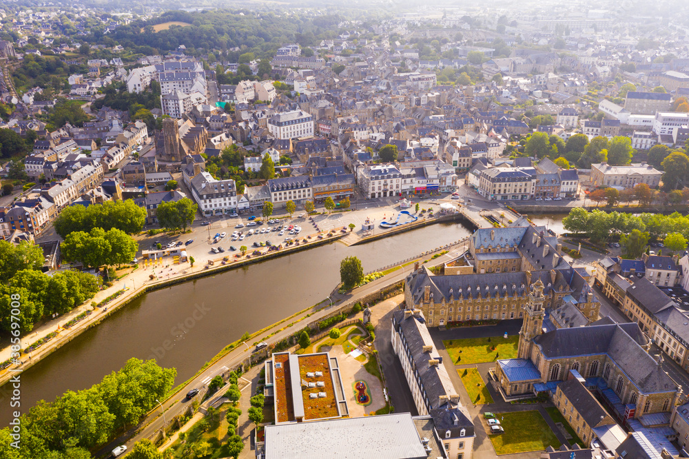 Aerial view of Lannion city with buildings and Lege river, Brittany region, France
