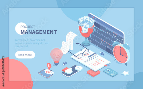 Project management, planning organization schedule. Productivity, marketing analysis and development. Isometric vector illustration for poster, presentation, banner, website.