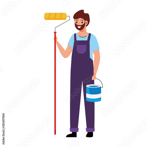 painter man with bucket and roll design of remodeling working and repairing theme Vector illustration