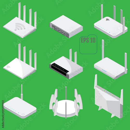 Router isometric icons set. Vector
