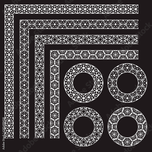 Lace vector brushes templates with corners and round frames in vintage style.