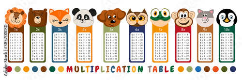 Vector multiplication table. Children's design. Printable bookmarks or stickers with cute animals (bear, penguin, lion, fox, panda, dog, owl, frog, monkey, cat)