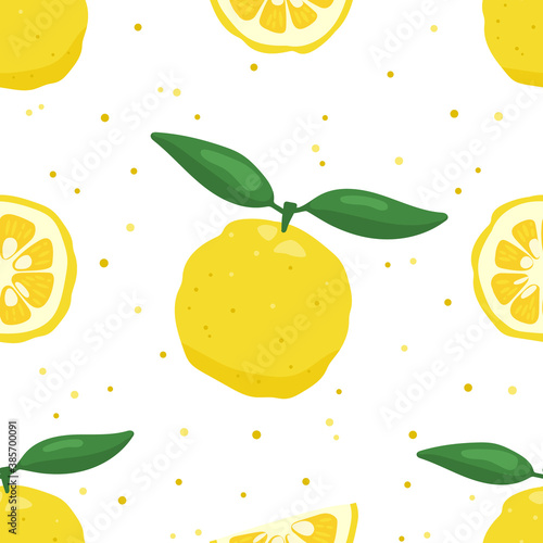 Yuzu japanese citron fruit seamless pattern vector illustration isolated on white background. Full citrus yuzu fresh fruit with green leaves .