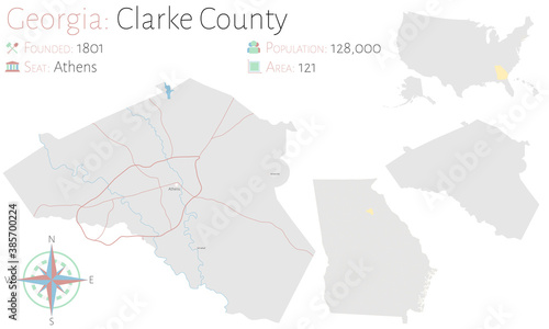 Large and detailed map of Clarke county in Georgia, USA.