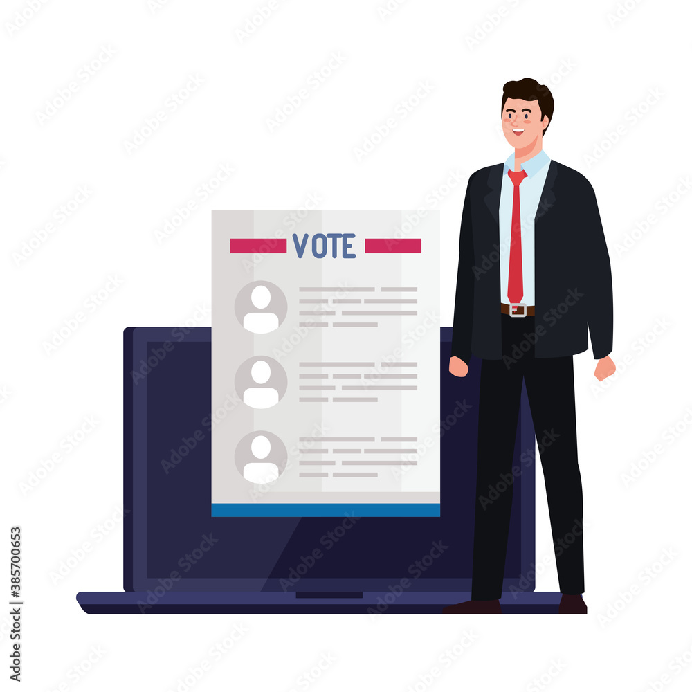 Vote paper and man on laptop design, President election government and campaign theme Vector illustration Vote paper and man on laptop design, President election government and campaign theme Vector illustration