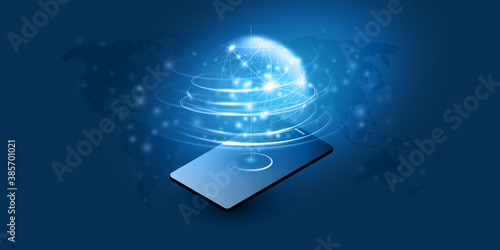 Abstract Blue Minimal Style Cloud Computing, Networks, Telecommunications Concept Design with Glowing Lines of Flowing Data, Earth Globe and Mobile Phone - Vector Illustration