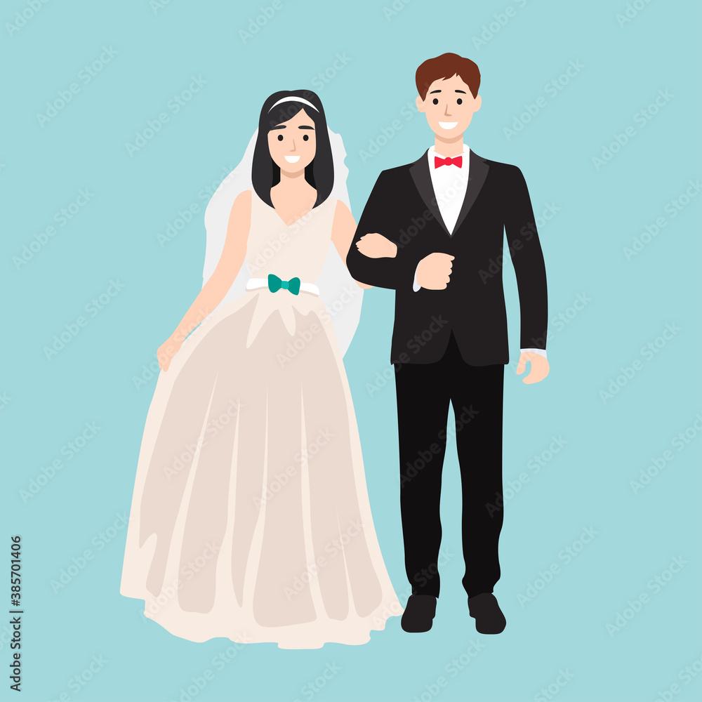 Newlyweds. Happy young family having wedding ceremony. Man and woman getting married. Bride and groom, girl in wedding dress vector illustration
