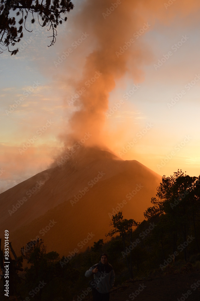 Camping with a view to a volcano eruption on Fuego and the active Volcan Acatenango in Guatemala