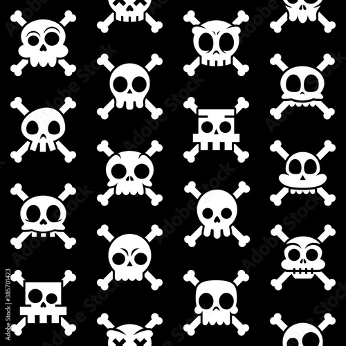 Halloween cartoon skull with bones vector seamless pattern, Mexican cute sugar skulls design set, Dia de los Muertos in white on black background

