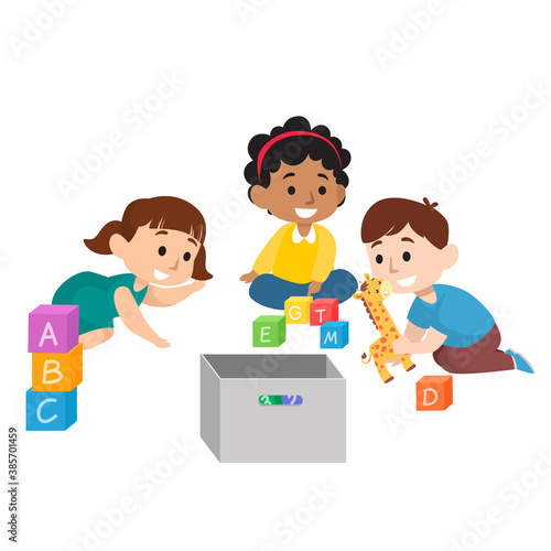 Cute children diversity playing with toys and dolls flat illustration set isolated on white background