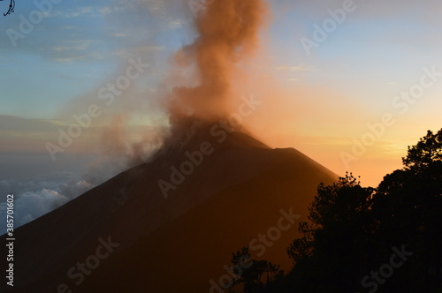 Camping with a view to a volcano eruption on Fuego and the active Volcan Acatenango in Guatemala