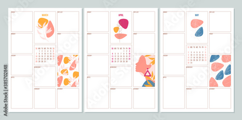 Vector weekly planners with abstract floral design and with the calendar (March, April, May)