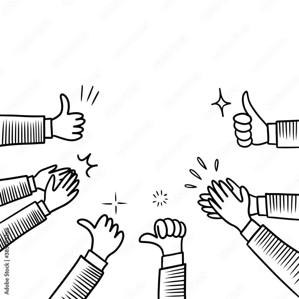 Obraz premium Hand Drawn sketch style of Human hands clapping ovation. applause, thumbs up gesture on doodle style. vector illustration.