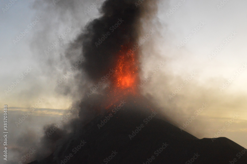 The volcano Fuego erupting with exploding lava, magma and ashes in Guatemala