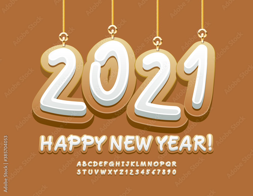Vector greeting card Happy New Year with Christmas toys 2021. Cookie style Font. Sweet gingerbread Alphabet Letters and Numbers Vector greeting card Happy New Year with Christmas toys 2021. Cookie style Font. Sweet gingerbread Alphabet Letters and Numbers