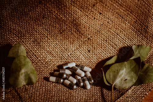 capsules on canvas, herbal, folk medicine, natural remedies
