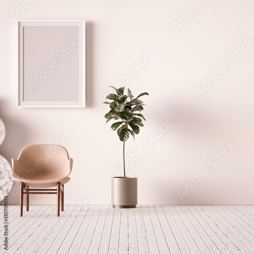 Fototapeta Naklejka Na Ścianę i Meble -  Minimal Room with Designer Armchair, Indoor Plant and Empty Frame Mockup.