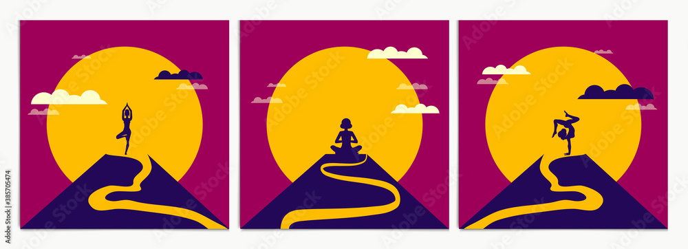 Woman practices meditation and yoga on top of mountain in morning. Vector illustration of meditation theme with silhouette woman training yoga and meditation during sunrise.