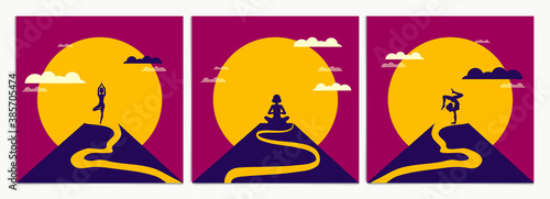 Woman practices meditation and yoga on top of mountain in morning. Vector illustration of meditation theme with silhouette woman training yoga and meditation during sunrise.