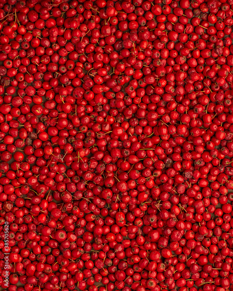 Red berries of fresh hawthorn on a tray standing on a wooden table Red berries of fresh hawthorn on a tray standing on a wooden table