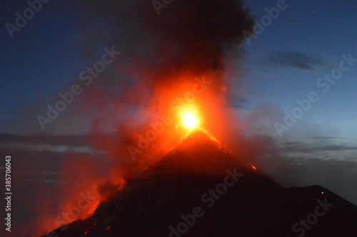 The volcano Fuego erupting with exploding lava, magma and ashes in Guatemala