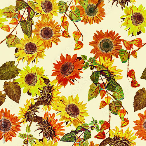 Sunflowers with physiallis and leaves, seamless pattern.