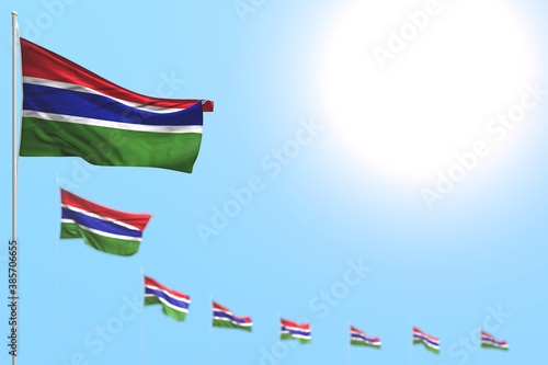 nice memorial day flag 3d illustration. - many Gambia flags placed diagonal with soft focus and empty space for content