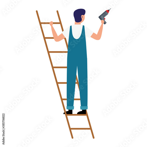 constructer man with drill on ladder design of remodeling working and repairing theme Vector illustration