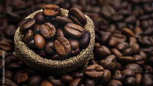 Coffee Beans in a sack bag.