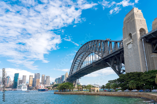 Wide angle Sydney Harbor Bridge with citiscape. Sydney, Australia.