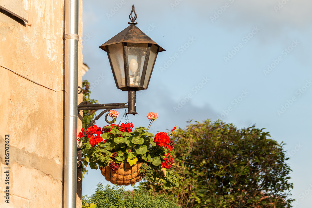 A beautiful flower pot with flowers attached to an antique lantern in the city. Sunny autumn day outside