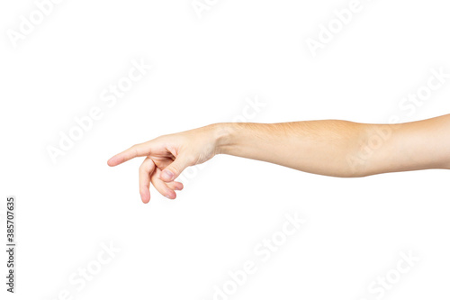 Male hand reaches for something on a light isolated background. Reach out photo