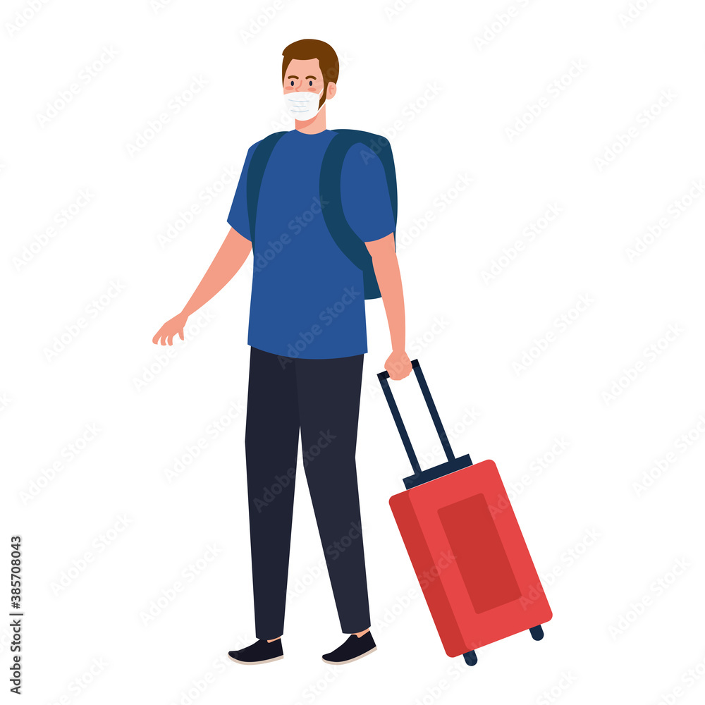 New normal of man with mask and travel bag design of covid 19 virus and prevention theme Vector illustration New normal of man with mask and travel bag design of covid 19 virus and prevention theme Vector illustration