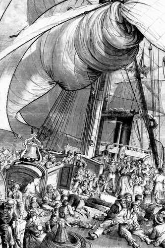From Europe to America, appearance of the deck of an emigrant ship. Antique illustration. 1875.