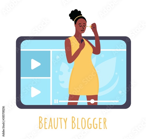 Black african Beauty blogger showing trend makeup tutorial with mascara. woman creating content and posting on social media. Online Channel Concept. Vector flat