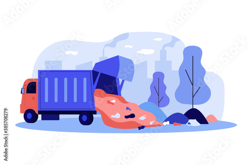 Truck unloading garbage in park vector illustration Environment, vehicle, litter. Pollution concept can be used for presentations, banner, website design, landing web page