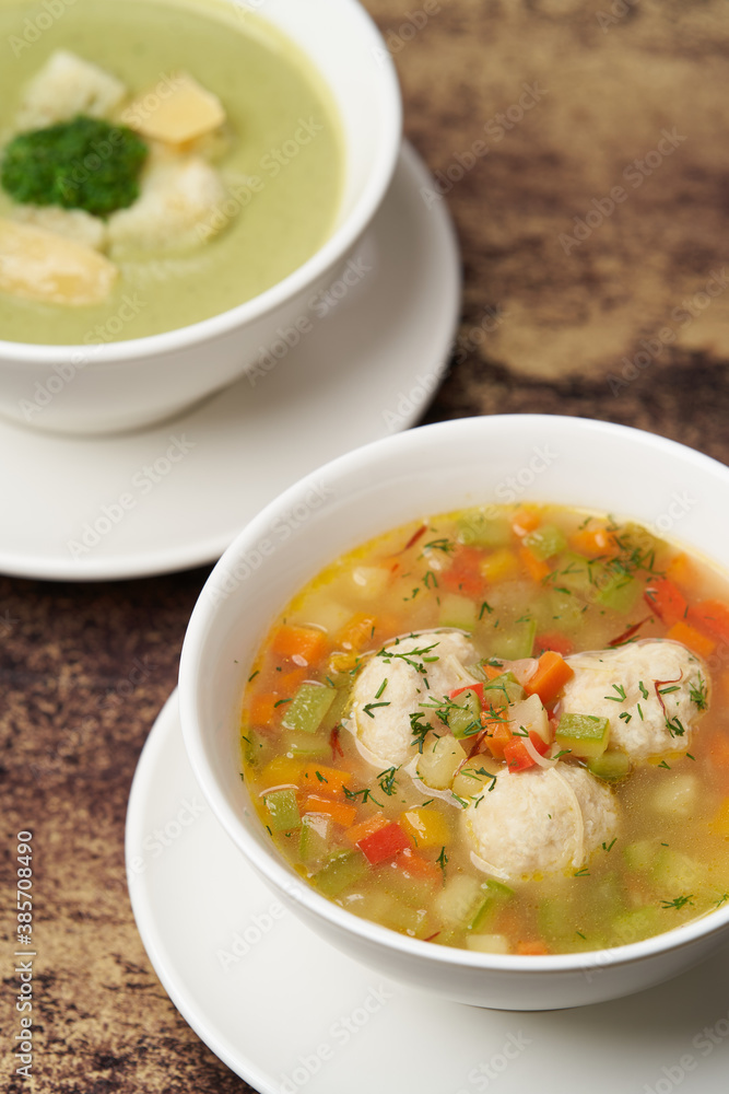 Soup with chicken meatballs and vegetables