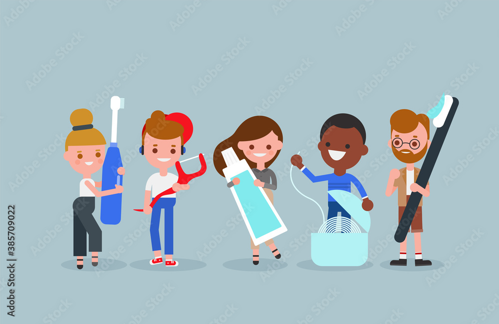 People cartoon with dental cleaning tools. Oral care product. People cartoon with dental cleaning tools. Oral care product.