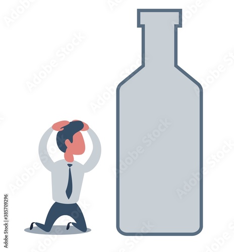 Sick drunk man on the knees beside the bottle of wine. Concept flat vector illustration of alcohol addiction. Vector flat design illustration.