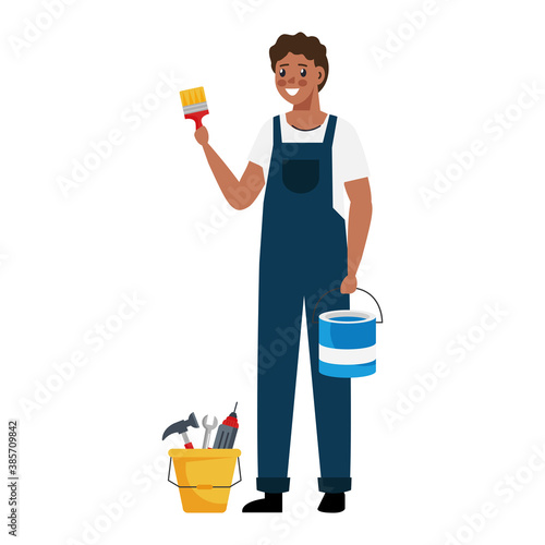 painter man with bucket and brush design of remodeling working and repairing theme Vector illustration