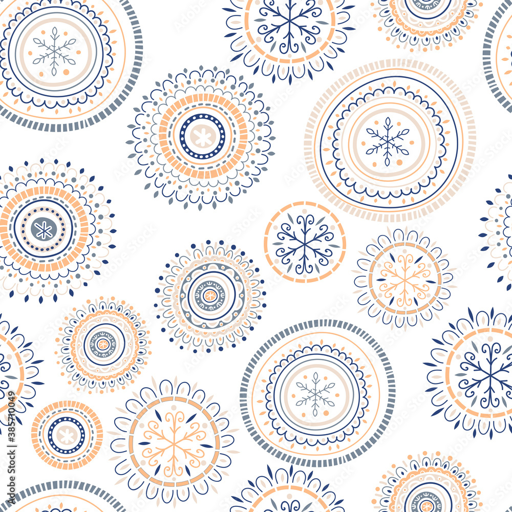 Vector Seamless Christmas Pattern with Hand Drawn Snowflakes