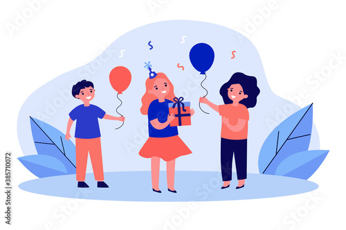 Children presenting gifts to girl. Birthday, fun, party. Flat vector illustration. Birthday concept can be used for presentations, banner, website design, landing web page