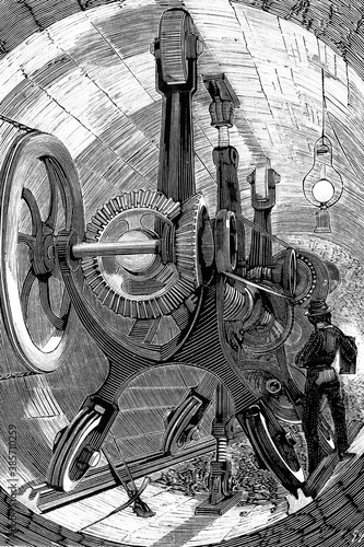 Drilling machine for making an underwater tunnel in the English channel. Antique illustration. 1875.