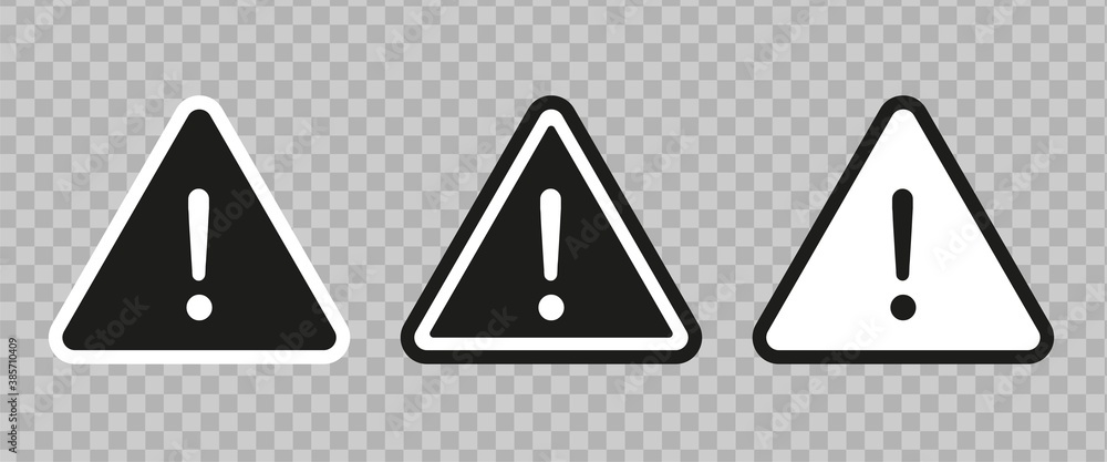 Caution signs set. Black and white exclamation mark. Triangle warning icon Caution signs set. Black and white exclamation mark. Triangle warning icon