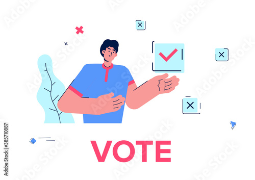 The man made his choice by voting. The young man shows that his choice was made correctly. Online voting.