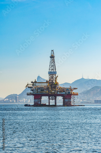 Oil exploration platform in Niterói, Rio de Janeiro, Brazil. Several companies operate in the Guanabara Bay area, which is part of the Santos Basin and serves as access to the Campos fields