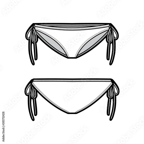 String bikinis fashion illustration with side ties, elastic waistband, low rise. Flat Mini-knickers panties briefs lingerie template front, back, white color. Women men unisex underwear CAD mockup