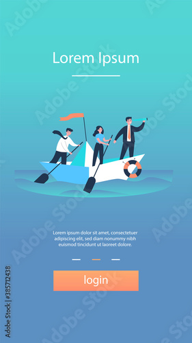 Business leader with spyglass leading his team in ocean. Team of employee with paddles sailing paper boat. Vector illustration for journey, success, goal, strategy, teamwork concepts