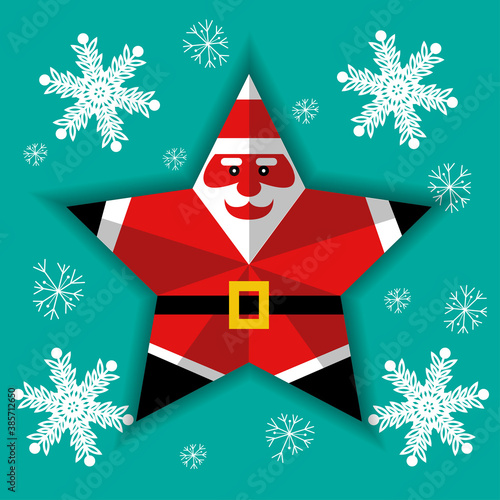 
5 Point Star Santa against the background of snowflakes. Paper cut style. Christmas vector illustration.